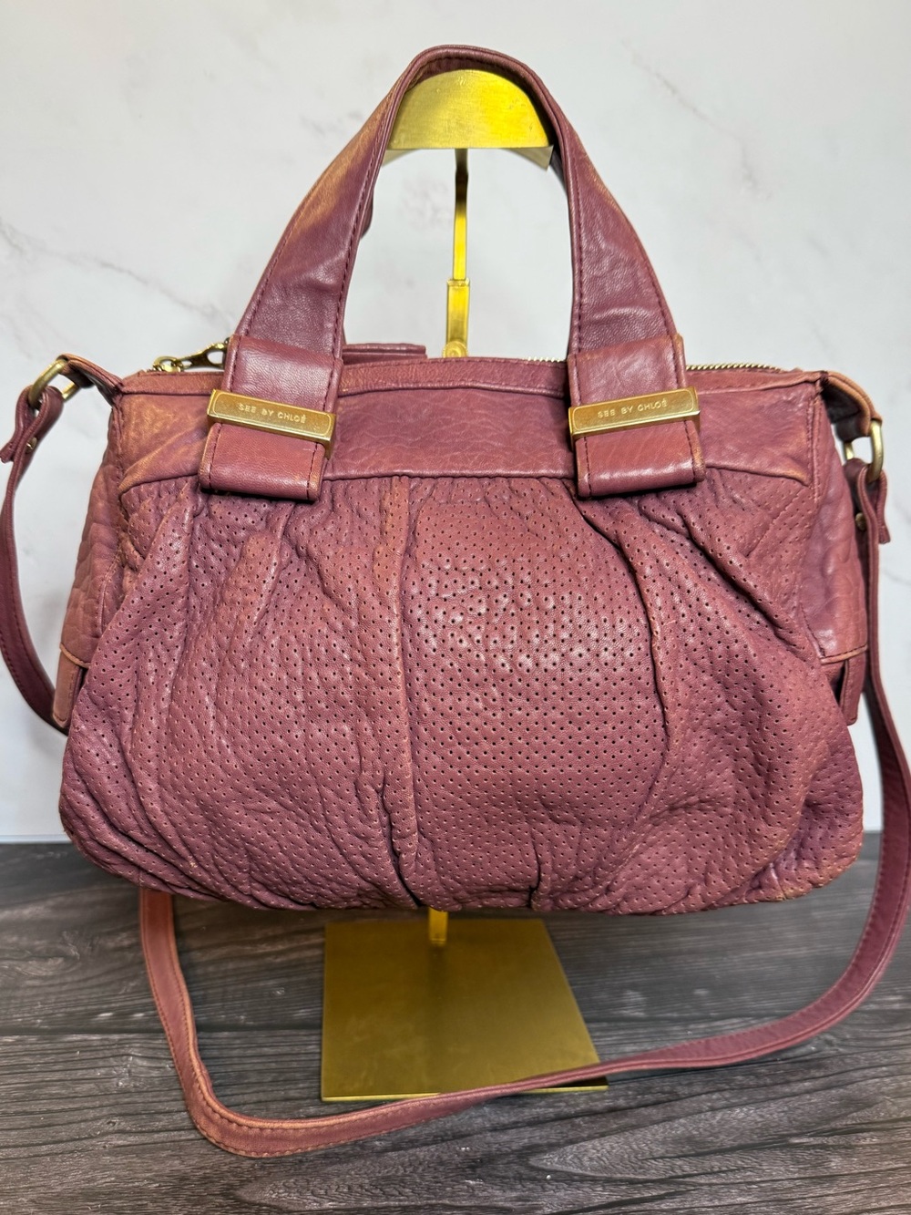 See by Chloé Dusty Rose Perforated Leather Satchel Shoulder Bag AuthenticityCard